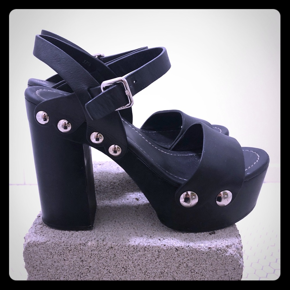 Prada Black Studded Platform Wooden Heel 37.5, 7.5